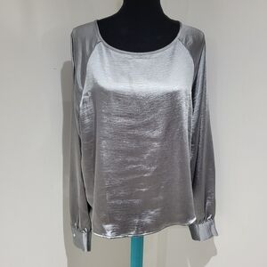 Gap Women's Metallic Satin Long Sleeve Blouse Large Tall Silver Party Shine NEW